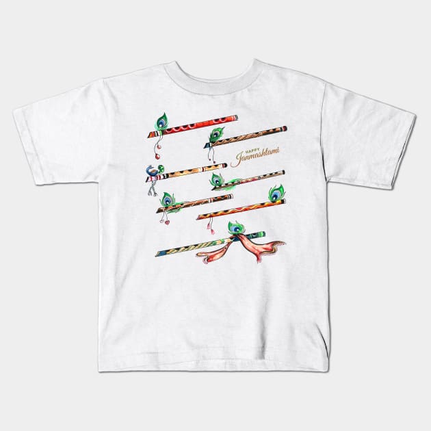 Beautiful Flute With Peacock Feather Kids T-Shirt by Mako Design 